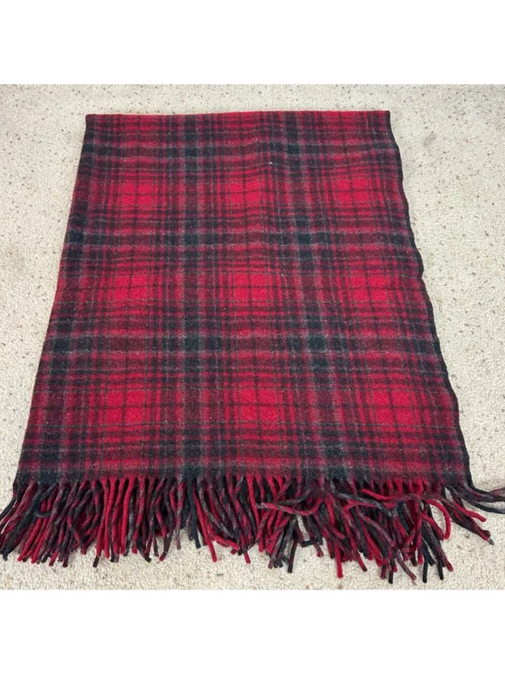 Vintage Pendleton 100% Virgin Wool Fringe Throw Blanket Red Plaid